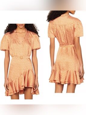 Sandro Orange Printed Short Ruffle-Hem Dress, size 38, waist is 25”